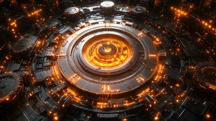 Fototapeta premium Abstract futuristic technology background with glowing circular patterns and intricate details illuminated by warm orange lights in a digital setting