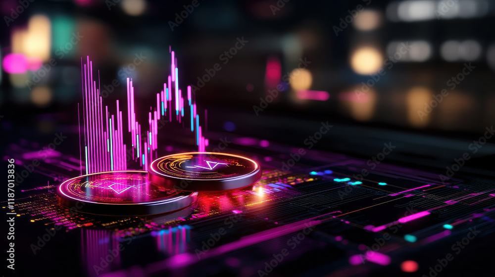Leinwandbilder vibrant digital representation of cryptocurrency with glowing coins and data visualizations. colorful graph indicates market trends and fluctuations, creating engaging atmosphere