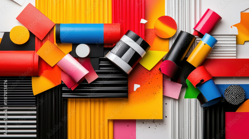 Aufkleber vibrant arrangement of colorful geometric shapes and textured materials creates captivating visual experience. composition features bold colors and varied forms, evoking creativity and energy