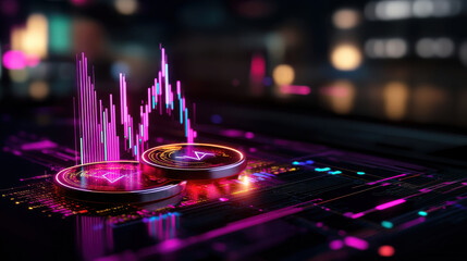 vibrant digital representation of cryptocurrency with glowing coins and data visualizations. colorful graph indicates market trends and fluctuations, creating engaging atmosphere