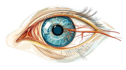 Anatomical depiction of eye anatomy showing iris and optic nerve on a white backdrop