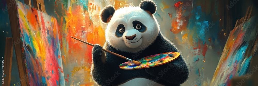 Fototapete panda artist joyfully creating colorful artwork in a vibrant studio filled with paint and canvases. 