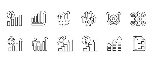 Business improvement growth icon set. Contains symbol and icons of development, progress, management, process, maintenance, increase, profit, gain, optimization, steps. Vector flat thin line design.