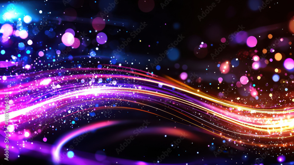 Poster vibrant abstract design featuring glowing dots and flowing lines in various colors, creating celestial inspired atmosphere. This artwork evokes sense of wonder and creativity