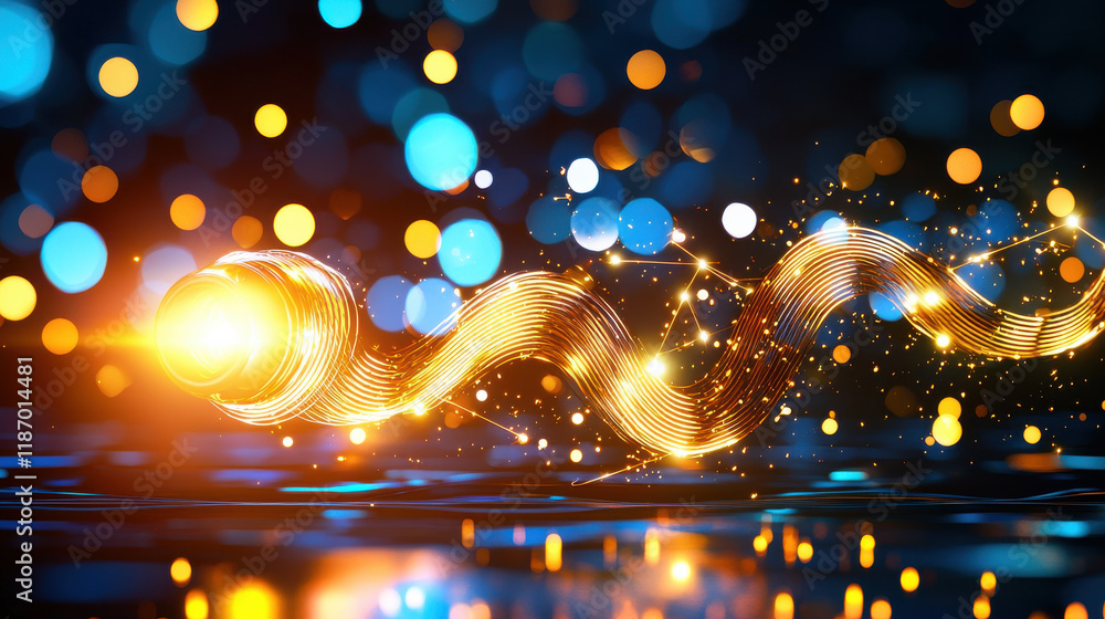 Poster celestial inspired abstract design featuring glowing dots and flowing light wave, creating mesmerizing visual effect. vibrant colors evoke sense of wonder and creativity