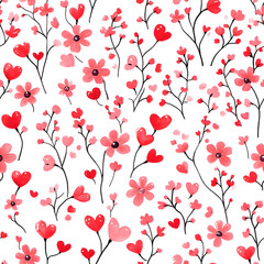 Bright floral pattern featuring hearts and flowers on a white background creating a vibrant and cheerful design