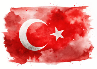 Turkish flag design, watercolor style, red background, white crescent moon, star symbol, artistic representation.