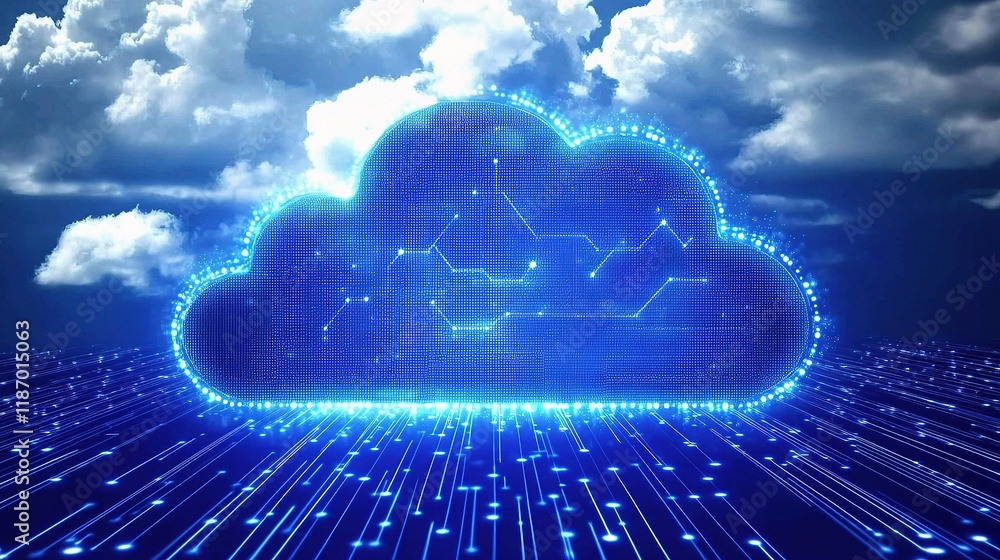 Poster interconnected cloud computing concept with digital connections and lines