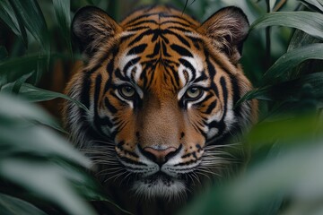 Majestic tiger's face peering through lush foliage. Perfect for wildlife, nature, or conservation projects.