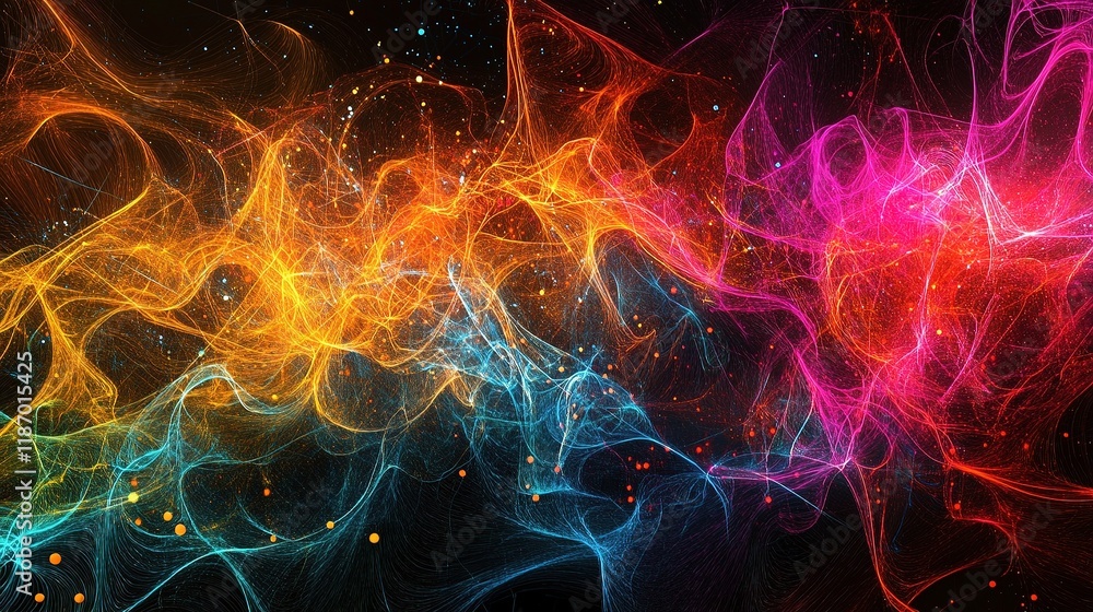 Poster vibrant abstract technology mesh with colorful particles and lines