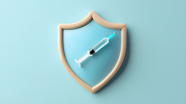 medical syringe placed on protective shield symbolizing safety and health. This conveys importance of protection in healthcare and vaccination