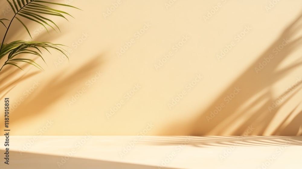 Fototapete Empty shelf casting a palm tree shadow on a beige wall, illuminated by sunlight, creating an ideal backdrop for displaying products or designs in a clean, modern setting