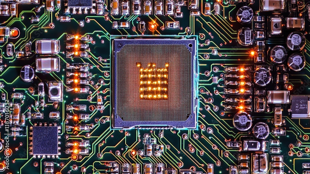 Poster intricate close-up of a cpu chip with detailed circuitry design