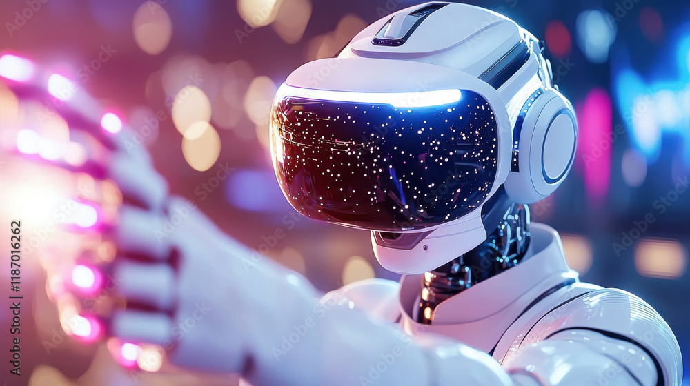Aufkleber futuristic robot wearing virtual reality goggles interacts with digital environment, showcasing adva