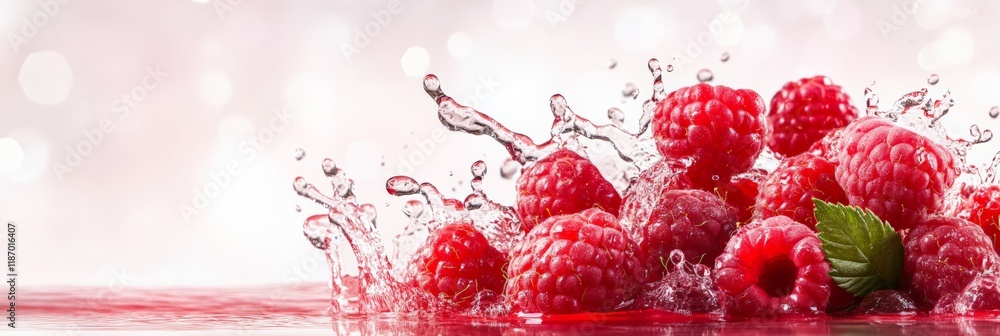 Poster ripe red raspberries tumbling with vibrant green leaves into refreshing water, creating a dynamic sp