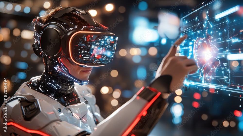 Leinwandbilder futuristic robot wearing virtual reality headset interacts with holographic display, showcasing adva