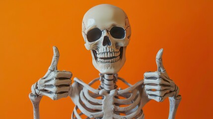 Joyful skeleton giving thumbs up against vibrant orange background