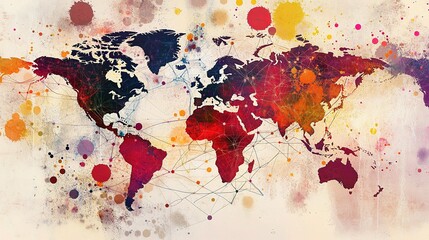 Colorful World Map with Connections and Global Network Lines
