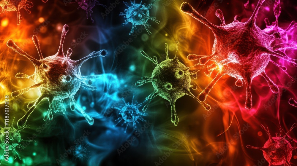 Poster Visualization of antibodies engaging with a virus in a vibrant and colorful digital representation. Generative AI