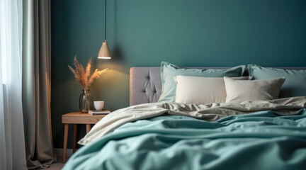 teal bedroom with beige bedding warm pendant lighting