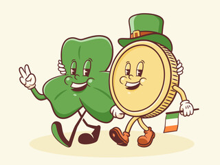 Saint Patrick Day Groovy Shamrock and Gold Coin Retro Characters. Cartoon Irish Spring Holiday Personage Illustration. Vector Celtic Mascot Template Background. Happy Vintage Trefoil Drawing Isolated
