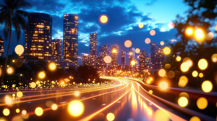 Fototapeta premium vibrant city skyline at night with glowing lights and winding highway. scene captures energy and beauty of urban life, showcasing modern architecture and lively atmosphere