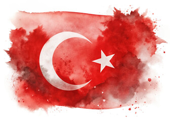 Turkish flag design, watercolor style, vibrant red hues, artistic background, patriotic theme, abstract illustration.