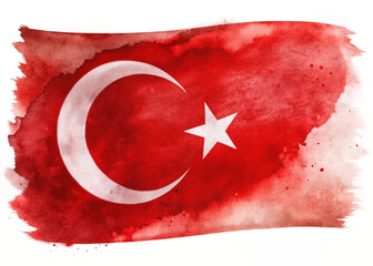 Turkish flag design, watercolor style, vibrant red background, crescent moon and star, artistic representation.