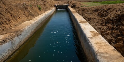 This serene image features a clear irrigation canal with gently flowing water, representing the harmony between agriculture, nature, and human innovation in water management.