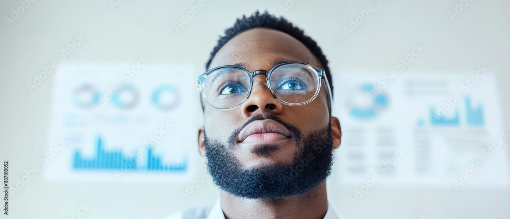 Poster focused businessman analyzing data on digital dashboards in modern office