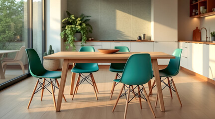modern minimalist dining setting with teal chairs wooden table