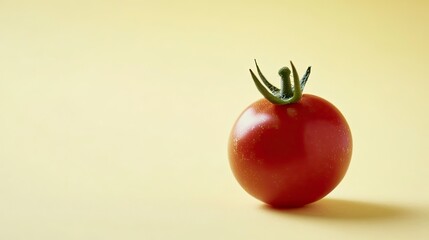 bright red tomato with small green stem placed on smooth pastel yellow background with soft shadows