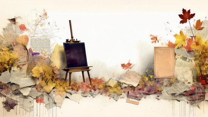 Composición artística con caballete y elementos de arte y otoño
