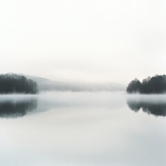 Fototapeta premium A dense mist hovering over a still lake at dawn, soft light reflecting on the water, on pure white background.