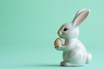 ceramic bunny figurine holding tiny egg sitting on pale mint background