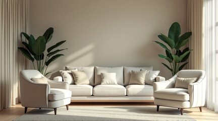 sunlit living room with beige sofa armchairs