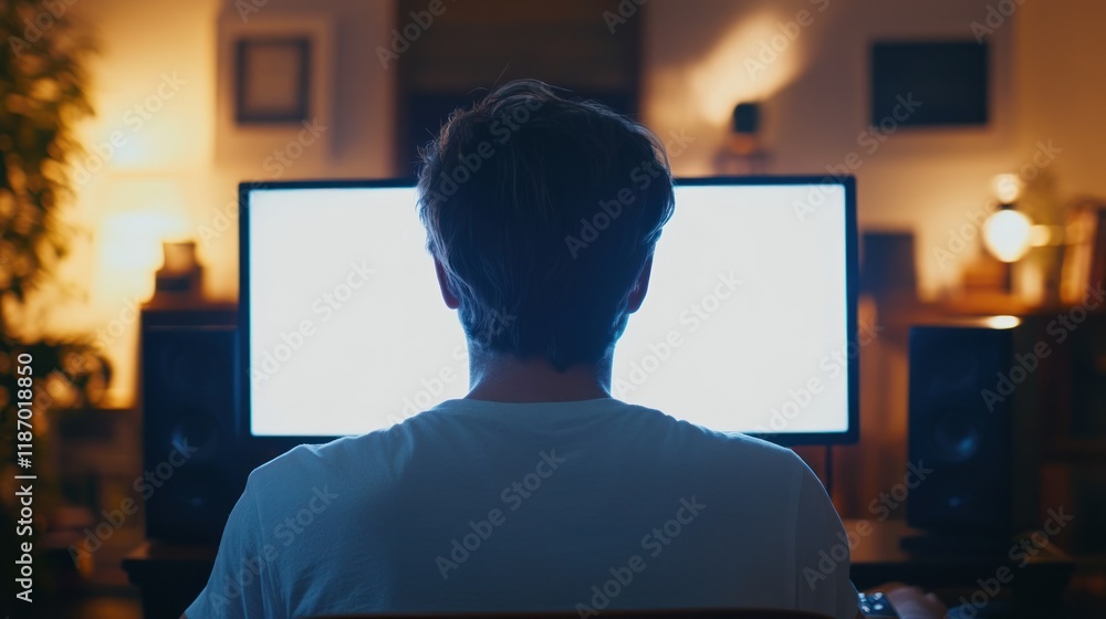 Aufkleber man sits at home in front of a bright computer screen at night.