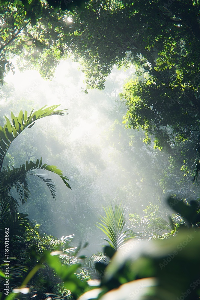 Poster serene forest display with towering trees and gentle sunlight filtering through lush greenery in a t