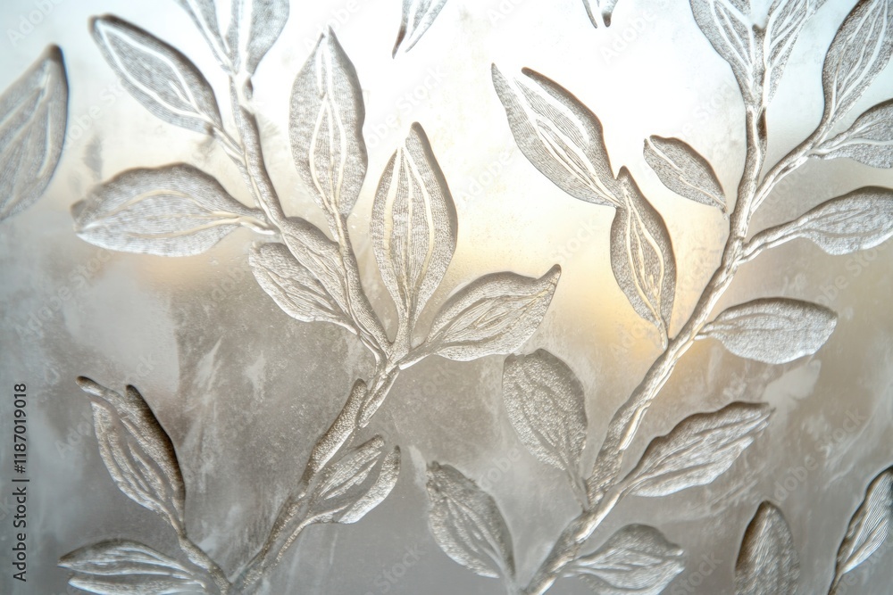 Poster close-up of frosted glass window with etched botanical patterns softly illuminated by natural light