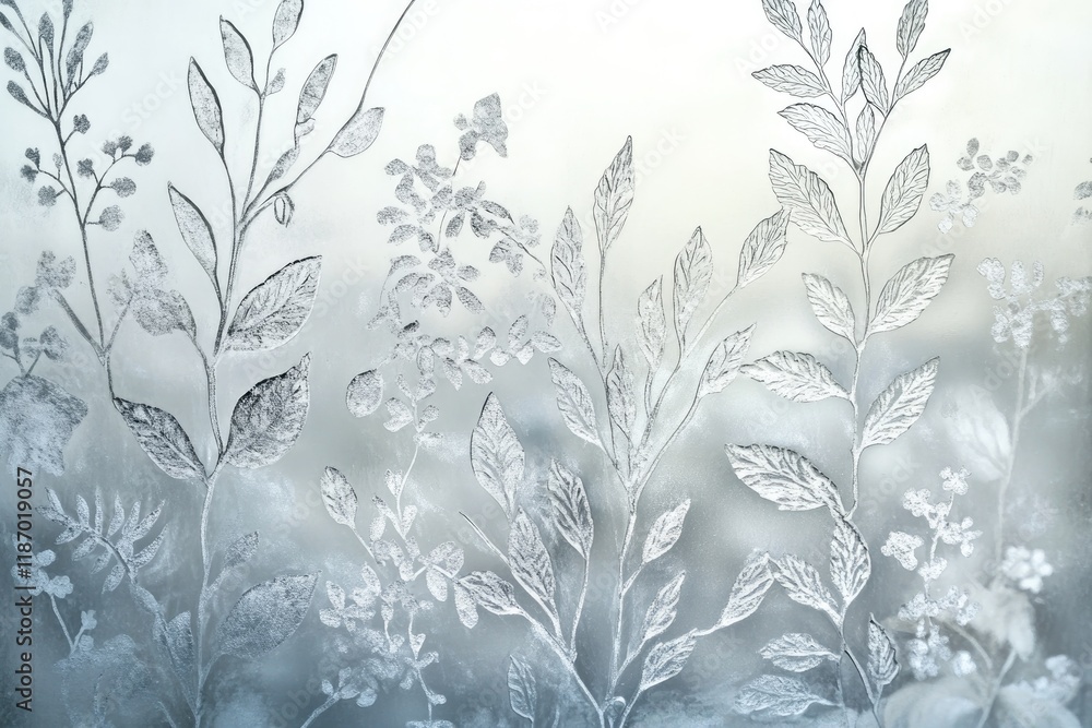 Poster close-up of frosted glass window with etched botanical patterns softly illuminated by natural light