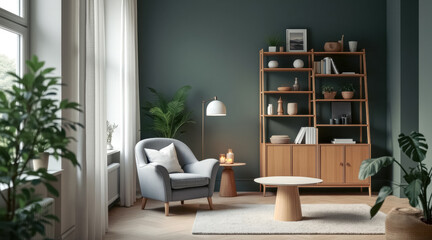 tranquil living room with grey armchair wooden shelving