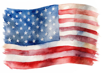 Watercolor American flag, patriotic colors, artistic representation, soft brush strokes, vibrant red and blue.