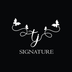 TJ Handwritten initial letter, TJ simple signature vector logo with butterfly shape variation, beauty, photography letter logo design. T J