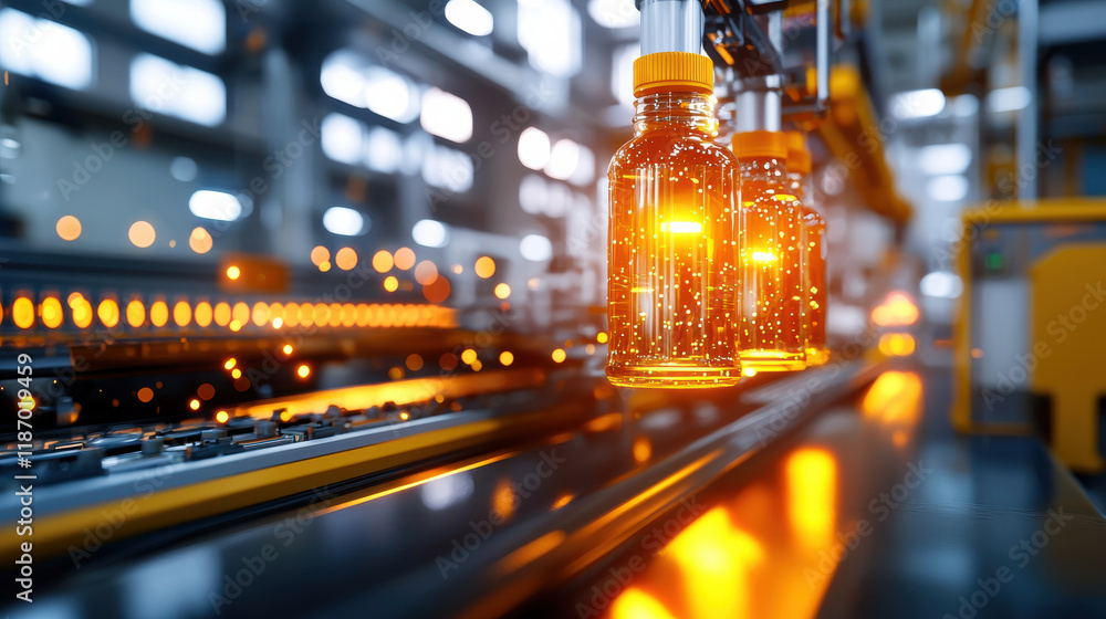 Poster cinematic rendering of futuristic factory showcasing glowing bottles on conveyor belt, highlighting 
