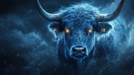 Naklejka premium Fierce blue bull with glowing eyes in a dark, stormy sky.