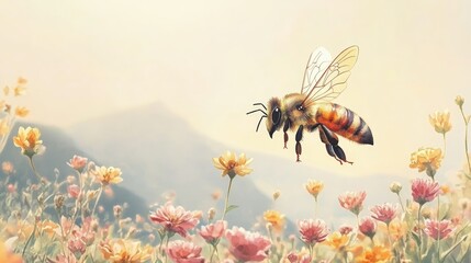 Fototapeta premium Watercolor painting, honeybee in flight, wildflower meadow, soft pastel colors, dreamy atmosphere, delicate brush strokes, ethereal landscape, pollination scene, nature illustration, misty background,
