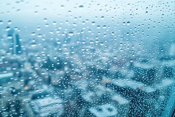 close-up of raindrops on glass window with blurred urban cityscape creating depth in background