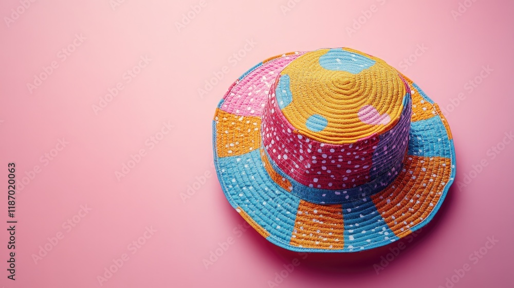 Poster creative composition featuring child hat with playful patterns set on clean pastel gradient backgrou