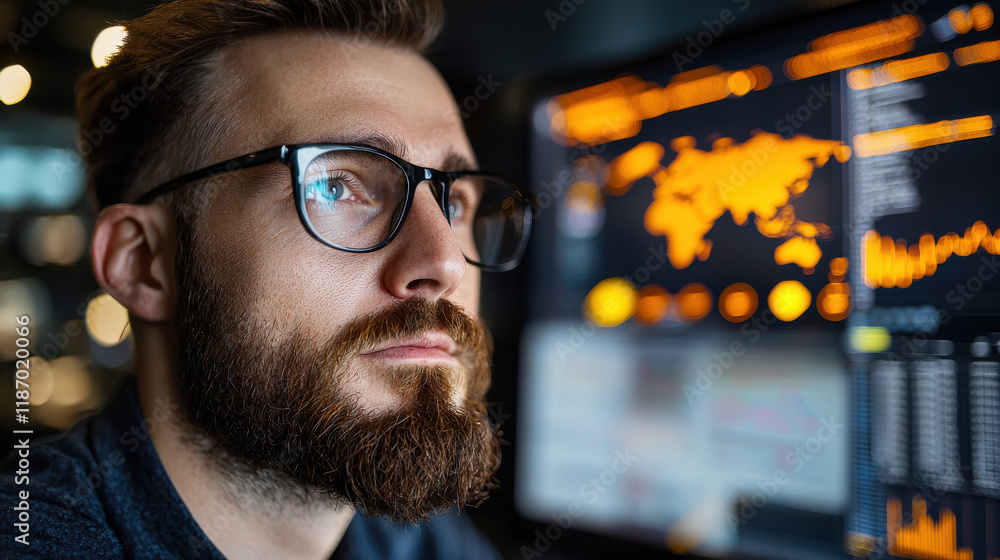 Poster focused business analyst reviewing global data on computer screen, analyzing trends and statistics. environment is modern and tech oriented, emphasizing data driven decision making