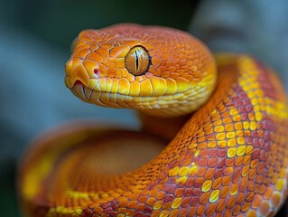 Fototapeta premium Orange snake portrait, rainforest background, wildlife photography, nature stock image.